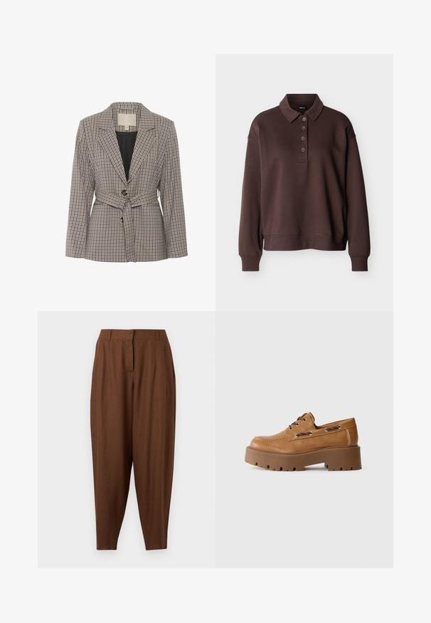 Blazer à carreaux en tissu gris et noir, avec un bouton simple, des revers crantés et une taille ceinturée.; Polo marron à manches longues avec quatre boutons, poignets côtelés et ourlet côtelé sur un fond blanc uni.; Pantalon marron taille haute à coupe fuselée avec plis, passants pour ceinture et fermeture éclair à l'avant, présenté sur un fond blanc.; Chaussure en cuir marron avec une semelle crantée épaisse et marron, dotée d'un bout rond, d'un système de laçage et d'œillets en métal pour les lacets.