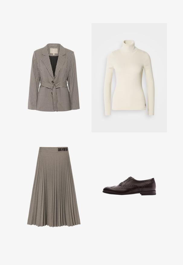 Karierter Blazer aus Stoff in Grau- und Schwarztönen, mit einem einzelnen Knopf, Reverskragen und einem Taillengürtel.; Cremfarbener Rollkragenpullover aus geripptem Stoff. Hat lange Ärmel, eine taillierte Passform und ein kleines Logo am Saum. Weiche Textur.; Faltrock im Karomuster mit einem dunklen Gürtel und einer Schnalle. Hergestellt aus strukturiertem Stoff in Braun- und Cremetönen.; Braune Leder-Hausschuhe mit Broguedetails, Schnürverschluss, runder Zehenform und niedrigem Blockabsatz. Polierte Oberfläche und filigrane Perforationen.