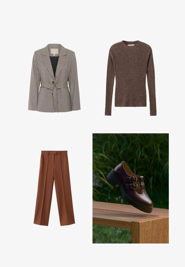 Karierter Blazer aus Stoff in Grau- und Schwarztönen, mit einem einzelnen Knopf, Reverskragen und einem Taillengürtel.; Brauner gerippter Strickpullover mit rundem Halsausschnitt und langen Ärmeln, der eine strukturierte Oberfläche und eine figurnahe Silhouette aufweist.; Braune weite Hosen mit gefaltetem Bund, aus strukturiertem Stoff, mit Seitentaschen und einem Taillenbund mit Gürtelschlaufen.; Dunkelbrauner Lederschuh mit doppelten Schnallenriemen, perforierten Details und dicker schwarzer Sohle, schwebend über einem Holztisch im Freien.