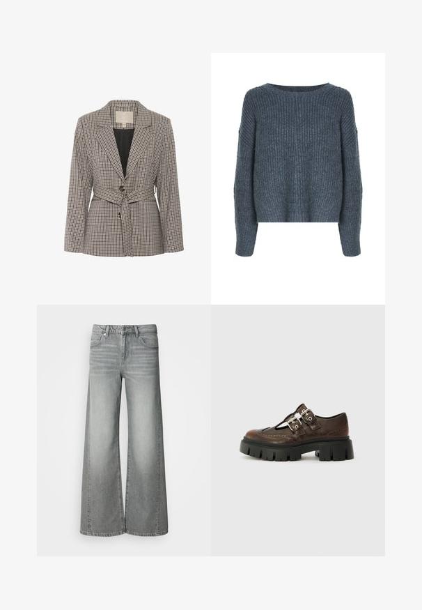 Sako v šedej a čiernej farbe z látky, s jedným gombíkom, klopovými goliermi a opaskom v páse.; Weekday IVY - Svetrík - dark grey; Sivé široké džínsy s vysokým pásom, predným gombíkom a zipsom, prednými a zadnými vreckami, zobrazené na jednoduchom bielom pozadí.; Hnedé kožené topánky s vyrezávaným dizajnom, dvoma striebornými prackami, čiernou robustnou podrážkou a brogue detailami pozdĺž okrajov.