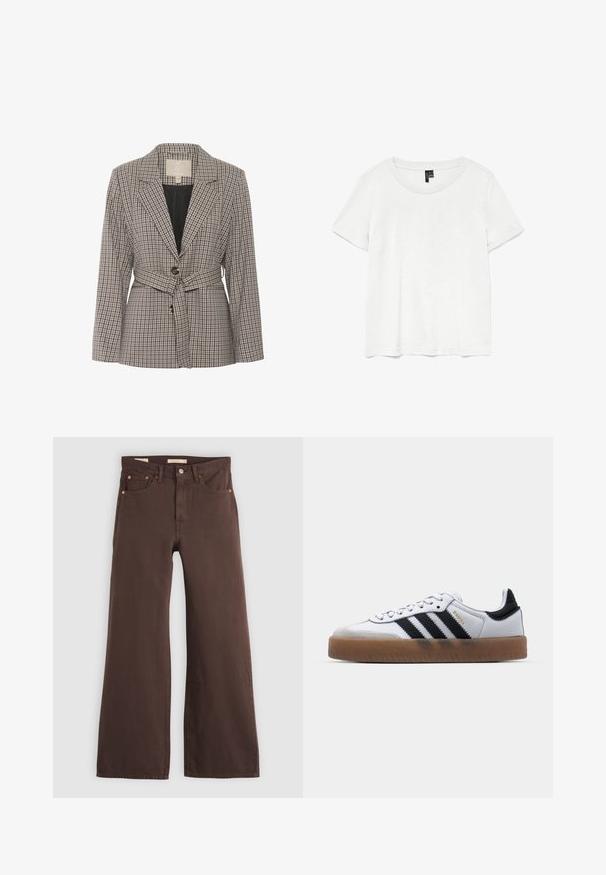 Blazer à carreaux en tissu gris et noir, avec un bouton simple, des revers crantés et une taille ceinturée.; T-shirt blanc à manches courtes avec un col rond, fabriqué en tissu léger. Design simple, texture lisse et ourlet droit.; Jeans marron à jambes larges, taille haute, cinq poches, et fermeture par bouton, posés à plat sur un fond clair.; Baskets en cuir blanc avec des rayures noires, semelle extérieure en caoutchouc beige, bout rond, fermeture lacée et embout en suède gris doux.