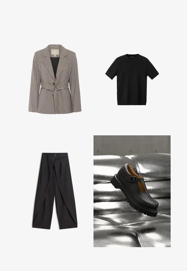 Karierter Blazer aus Stoff in Grau- und Schwarztönen, mit einem einzelnen Knopf, Reverskragen und einem Taillengürtel.; Schwarzes kurzärmliges Strick-T-Shirt mit Rundhalsausschnitt, mit tailliertem Schnitt und glatter Textur, geeignet für den Freizeitstil.; Schwarze, weit geschnittene Hosen aus glattem Stoff, mit zwei Vorderentaschen und einem plissierten Design mit zwei Knöpfen an der Taille.; Schwarzer Mary-Jane-Schuh aus Leder mit dicker, gerillter Sohle und Schnallenriemen, schwebend über einer glänzenden silbernen, gesteppten Oberfläche.