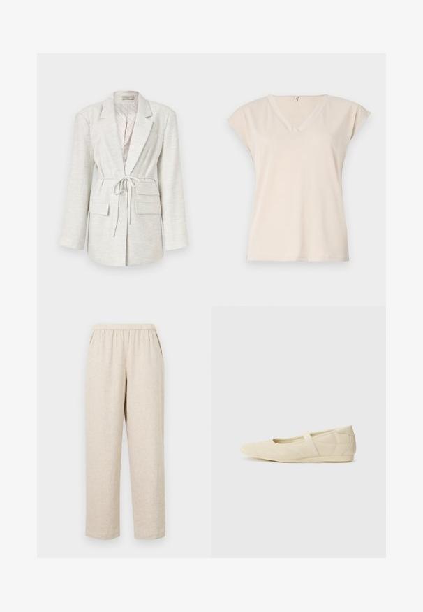 Blazer gris clair en tissu texturé, avec des manches longues, une taille à nouer, deux poches avant et une fermeture à boutons.; T-shirt beige à col en V fabriqué en tissu doux, avec de courtes manches chauve-souris et une coupe décontractée. Design simple sans motifs ou accents visibles.; Pantalons en lin beige avec une taille élastique, dotés de poches latérales, de jambes droites et d'une finition en tissu texturé.; Ballerines beiges avec une exterior en cuir lisse, un bout en forme d'amande et une sangle élastique sur le coup de pied, avec des détails de couture subtils.