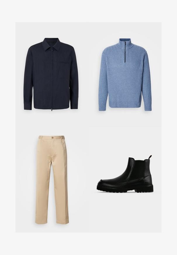 Navy blauwe jacket van lichtgewicht stof, met een rits aan de voorkant, kraag en een borstzak. Lange mouwen met knoopsluitingen bij de manchetten.; Lichtblauwe, geribbelde gebreide trui met een opstaande kraag en een gedeeltelijke rits bij de hals; heeft lange mouwen en een rechte zoom.; Beige broek van lichtgewicht stof, met een rechte pasvorm, tailleband met riemlussen en een enkele knoopsluiting aan de voorkant.; Zwarte leren enkellaars met een gestructureerde zool, elastische zijpanelen en een trekriempje op een lichtgrijze achtergrond.