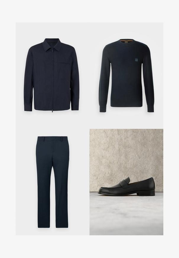 Marineblaues Jackett aus leichtem Stoff, mit einem Reißverschluss vorne, einem Kragen und einer Brusttasche. Lange Ärmel mit geknöpften Manschetten.; Gestreifter marineblauer Pullover mit langen Ärmeln, rundem Ausschnitt, strukturiertem Stoff und einem kleinen Logo-Patch auf der Brust.; Marineblau maßgeschneiderte Hosen mit strukturiertem Stoff, geradem Bein und vorderen Falten. Mit Gürtelschlaufen und einem glatten Bund.; Schwarzer Leder-Slipper schwebt über einem beigen Teppich, im Hintergrund ein glänzender, runder brauner Tisch.