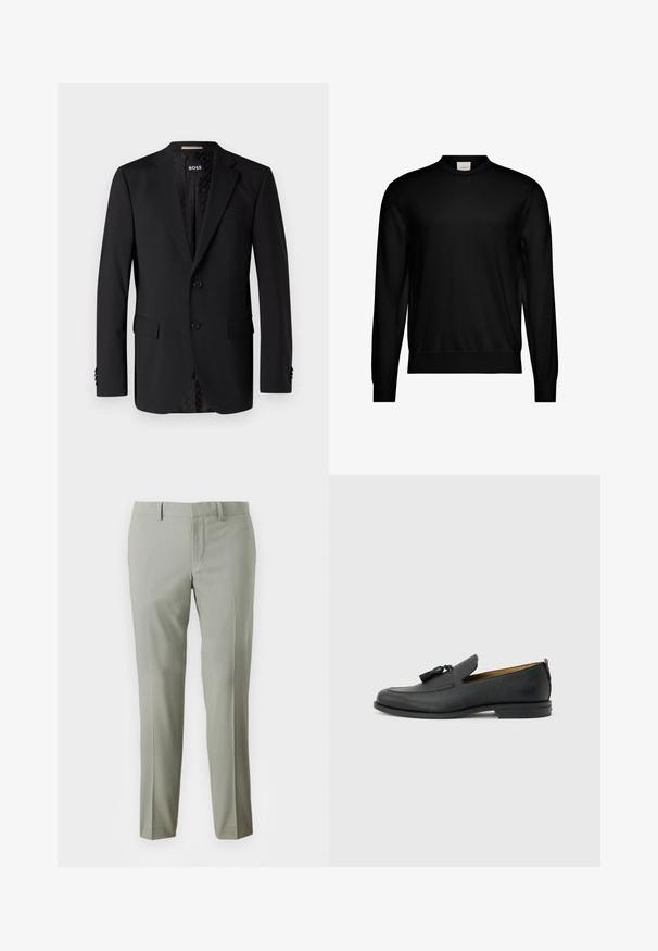 Schwarzer Blazer aus glattem Stoff, ausgestattet mit zwei Fronttaschen, zwei Knöpfen und einem gemusterten Innenfutter. Klassisches, tailliertes Design.; Schwarzer Pullover mit langem Arm und Rundhalsausschnitt, mit gerippten Bündchen und Saum, versehen mit einem kleinen weißen Markenetikett innen am Halsausschnitt.; Hellgraue Hose mit taillierter Passform, aus glattem Stoff, mit geraden Beinen und einem schlichten Bund ohne sichtbare Beschläge.; Schwarzer Herrenschuh aus Leder mit Quasten, runder Spitze, niedrigem Absatz und Zuglasche auf der Rückseite, seitlich auf hellem grauem Hintergrund dargestellt.