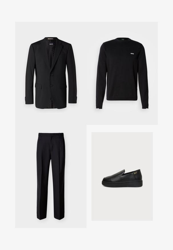 Sort blazer lavet af glat stof, med to forlommer, to knapper og et mønstret indre. Klassisk skræddersyet design.; Sort langærmet sweatshirt lavet af glat stof, med en ribbet krave og manchetter, med en hvid "BOSS"-logo på venstre bryst.; Sorte skræddersyede bukser med lige snit, foldet forstykke og sidelommer. Fremstillet af et glat, let stof med et ensartet mønster.; Sort læder slip-on platform sko med tyk sål og lille gyldent "HUGO" logo nær hælen på en ensfarvet lys baggrund.
