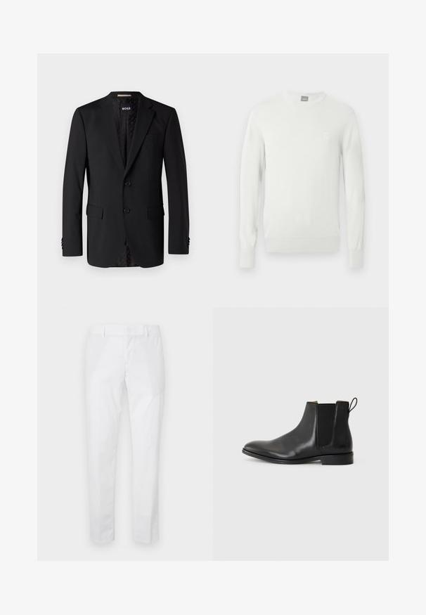 Sort blazer lavet af glat stof, med to forlommer, to knapper og et mønstret indre. Klassisk skræddersyet design.; Hvid ribstrikket sweater med rund hals, lange ærmer og et lille logo på brystet. Blød tekstur og tætsiddende silhuet.; Hvide bukser med slim pasform, bæltestropper og sidelommer, vist fladt på en lys baggrund.; JOOP! PERO KLEITOS CHELSEA - Støvletter - black