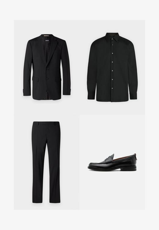 Blazer negro hecho de tela suave, con dos bolsillos frontales, dos botones y un interior con estampado. Diseño clásico y ajustado.; Camisa negra de manga larga con botones, cuello puntiagudo y puños abotonados, mostrada sobre un fondo claro y liso.; Pantalones negros ajustados con un diseño de pierna recta, que presentan una textura suave, pliegues frontales y una cinturilla clásica para un aspecto formal.; Mocasín de hombre de piel negra con costura moc toe, tira penny, cuello texturizado y tacón bajo apilado sobre fondo blanco.