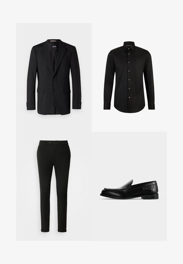 Sort blazer lavet af glat stof, med to forlommer, to knapper og et mønstret indre. Klassisk skræddersyet design.; Sort skjorte med lange ærmer, knap-ned krave og frontknaplukning. Glat stoftekstur med buet kant og kontrasterende knapdetaljer.; Sorte skræddersyede bukser med en slank pasform, elegant design og bæltestropper, med en enkelt baglomme og glat stoftekstur.; Sort læder slip-on loafer med lav hæl, rundet tå og dekorative syninger langs øverste kant.