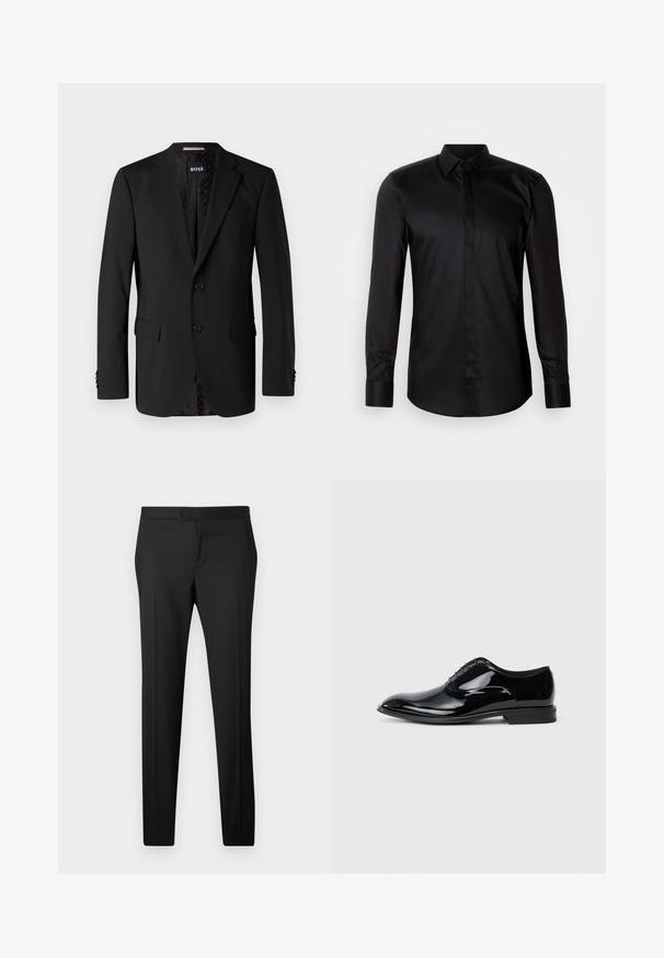 Blazer negro hecho de tela suave, con dos bolsillos frontales, dos botones y un interior con estampado. Diseño clásico y ajustado.; Camisa negra de manga larga con botones, confeccionada en tela suave. Cuenta con cuello clásico, abotonadura frontal y puños de contraste.; Pantalones negros ajustados de corte recto, hechos de una tela suave. Presentan un frente plano, trabillas para cinturón y sin patrones o adornos visibles.; Zapato de vestir de charol negro con un diseño elegante, puntera afilada y seis ojales para los cordones; superficie lisa y tacón bajo.
