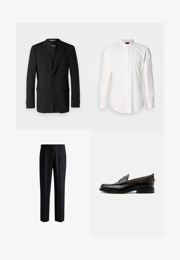 Sort blazer lavet af glat stof, med to forlommer, to knapper og et mønstret indre. Klassisk skræddersyet design.; Hvid langærmet skjorte med høj krave, lavet af bomuld. Har en forlomme foran, minimalistisk design og subtil branding på den indvendige krave.; Sorte bukser lavet af glat stof, med lige ben-design, plisseringer foran og knaplukning med bæltestropper.; Sort læder herre loafer med moc-tå syning, penny strop, struktureret krave og lav stablet hæl på hvid baggrund.