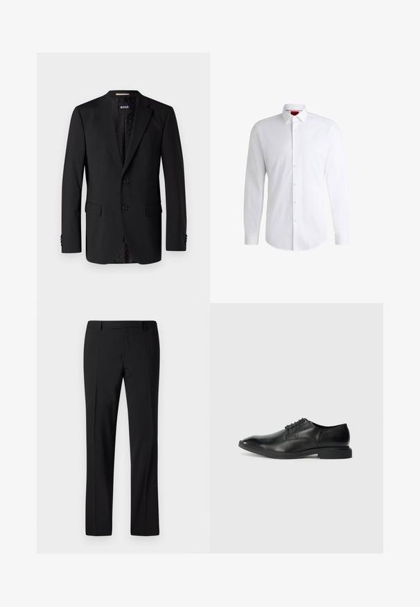 Blazer negro hecho de tela suave, con dos bolsillos frontales, dos botones y un interior con estampado. Diseño clásico y ajustado.; Camisa blanca de botones, confeccionada en tela suave, con collar clásico, mangas largas y dobladillo curvado. Presenta botones beige en la parte delantera.; Pantalones negros ajustados con un diseño de pierna recta, que presentan una textura suave, pliegues frontales y una cinturilla clásica para un aspecto formal.; Zapato de vestir negro de cuero con una textura suave, punta afilada, diseño de cordones con seis ojales y un tacón rectangular bajo. Detalle de marca sutil en el lateral.