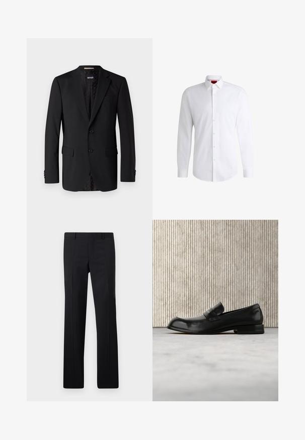 Blazer negro hecho de tela suave, con dos bolsillos frontales, dos botones y un interior con estampado. Diseño clásico y ajustado.; Camisa blanca de botones, confeccionada en tela suave, con collar clásico, mangas largas y dobladillo curvado. Presenta botones beige en la parte delantera.; Pantalones negros ajustados con un diseño de pierna recta, pliegues marcados y un acabado suave. Fabricados en tejido ligero con una cintura limpia.; Mocasín negro de cuero con detalle metálico, mostrado suspendido sobre una alfombra beige, con una mesa redonda de color ámbar en el fondo.