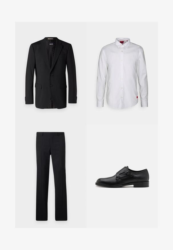 Blazer negro hecho de tela suave, con dos bolsillos frontales, dos botones y un interior con estampado. Diseño clásico y ajustado.; Camisa blanca de manga larga con cuello abotonado, fabricada en tejido ligero. Presenta una discreta etiqueta de la marca en rojo en la parte inferior.; Pantalones negros ajustados con un diseño de pierna recta, pliegues marcados y un acabado suave. Fabricados en tejido ligero con una cintura limpia.; Zapato de vestir de cuero negro con doble hebilla, silueta elegante y punta redonda. Cuenta con un tacón bajo y una textura suave.