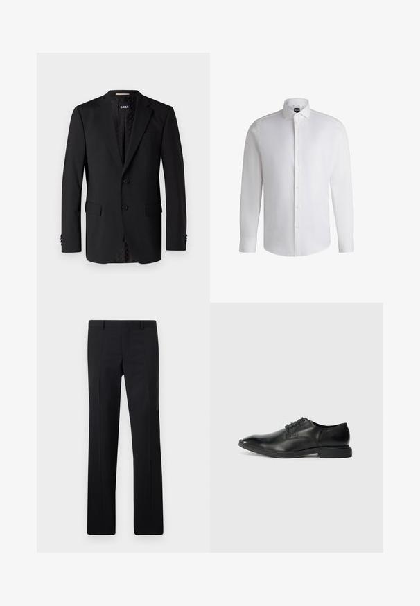 Sort blazer lavet af glat stof, med to forlommer, to knapper og et mønstret indre. Klassisk skræddersyet design.; Hvid langærmet skjorte lavet af glat bomuld, med klassisk krave, fuld knaplukning og knapmanchetter. Minimalistisk design.; Sorte skræddersyede bukser med et lige ben design, skarpe folder og en glat overflade. Fremstillet af letvægtsstof med en ren talje.; Sort læder herresko med glat overflade, spids tå, seks snørrehuller og lav, rektangulær hæl. Diskret brandingdetalje på siden.