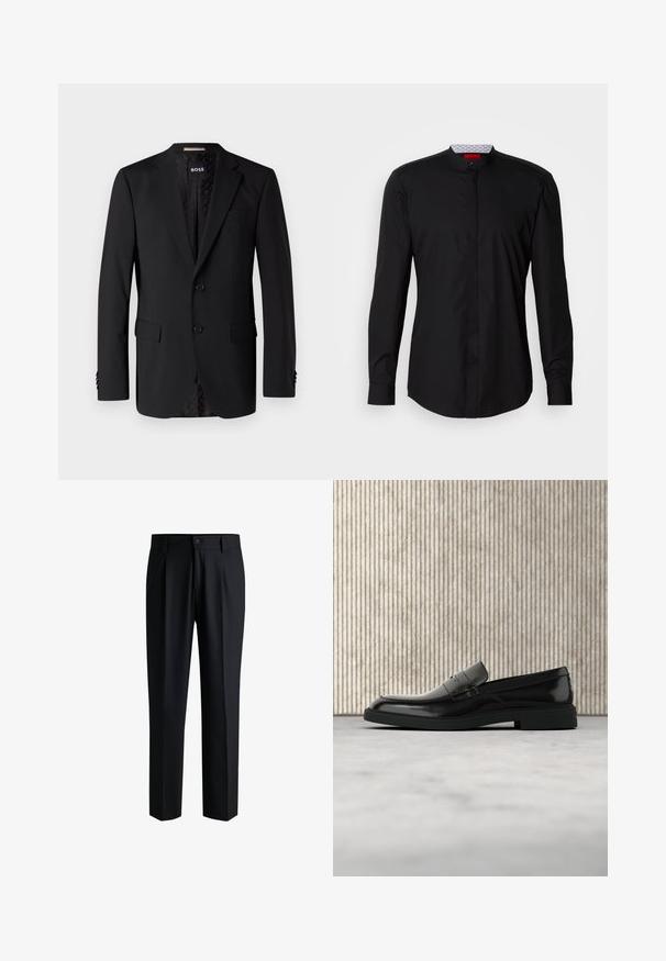 Blazer negro hecho de tela suave, con dos bolsillos frontales, dos botones y un interior con estampado. Diseño clásico y ajustado.; Camisa negra de manga larga con cuello mandarín, confeccionada en una tela suave, con cierre de botones en la parte delantera y detalles de diseño sutiles.; Pantalones negros de tela suave, con un diseño de pierna recta, pliegues en la parte delantera y cierre de botón con trabillas para cinturón.; Zapato loafer de cuero negro pulido flotando sobre una alfombra beige con muebles translúcidos naranjas de fondo.