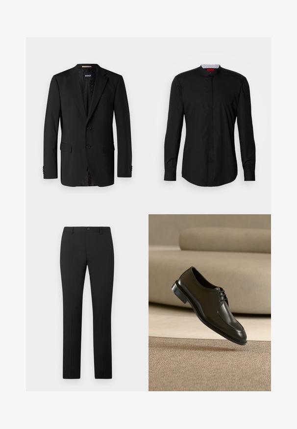 Schwarzer Blazer aus glattem Stoff, ausgestattet mit zwei Fronttaschen, zwei Knöpfen und einem gemusterten Innenfutter. Klassisches, tailliertes Design.; Schwarzes Langarmhemd mit Stehkragen, aus glattem Stoff gefertigt, mit durchgehender Knopfleiste und subtilen Designdetails.; Schwarze, maßgeschneiderte Hose mit geradem Bein, ausgestattet mit Knopfverschluss und Gürtelschlaufen. Hergestellt aus glattem Stoff ohne sichtbare Muster.; Schwarzer Lederschuh mit geschlossener Schnürung schwebt über beigem Teppich, beiges Sofa im Hintergrund unscharf.