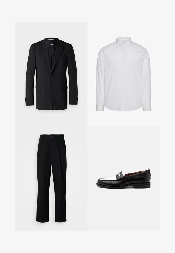 Sort blazer lavet af glat stof, med to forlommer, to knapper og et mønstret indre. Klassisk skræddersyet design.; Hvid langærmet skjorte med knapper lavet af bomuld. Har en standardkrave, frontplade med knapper og afrundet kant. Diskret mærkelogo.; Sorte lige ben bukser med en knaplukket talje, bæltestropper og en frontfold, præsenteret mod en ensfarvet hvid baggrund.; Sort-hvid læderloafer med syning, lav hæl og slip-on design, vist fra siden på en ensfarvet baggrund.