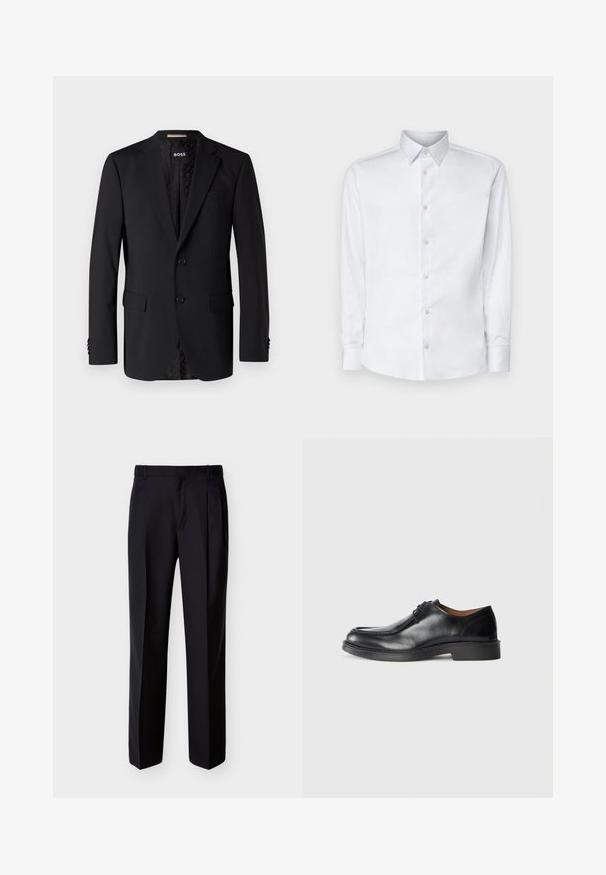 Sort blazer lavet af glat stof, med to forlommer, to knapper og et mønstret indre. Klassisk skræddersyet design.; Hvid langærmet skjorte lavet af glat stof, med en klassisk krave, knaplukning og manchetter med knapper, vist på en ensfarvet baggrund.; Sorte skræddersyede bukser med lige snit, foldet forstykke og sidelommer. Fremstillet af et glat, let stof med et ensartet mønster.; Sorte lædersko med rund tå, glat overflade, snøre detaljer og en lav, tekstureret gummisål. Rene linjer og minimalistisk design.