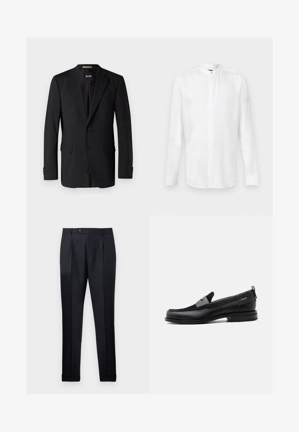 Sort blazer lavet af glat stof, med to forlommer, to knapper og et mønstret indre. Klassisk skræddersyet design.; Hvid skjorte med lange ærmer og ståkrave samt skjult knapperække, vist mod en ensartet lys baggrund.; Mandens sorte formelle bukser med forreste læg, bæltestropper, knaplukning og manchetter mod en hvid baggrund.; Sort læderloafer med grå remdetalje, lav hæl og tekstureret sål, mærket med "HUGO" i guld på siden.