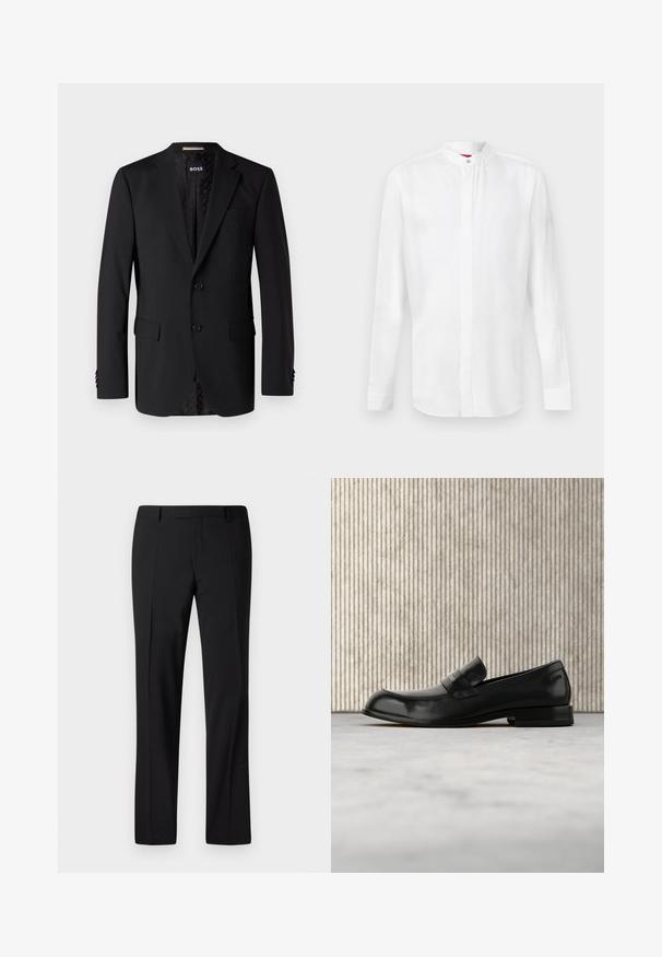 Blazer negro hecho de tela suave, con dos bolsillos frontales, dos botones y un interior con estampado. Diseño clásico y ajustado.; Camisa blanca de manga larga con cuello mao y tapeta con botones ocultos, mostrada sobre un fondo claro y liso.; Pantalones negros ajustados con un diseño de pierna recta, que presentan una textura suave, pliegues frontales y una cinturilla clásica para un aspecto formal.; Mocasín negro de cuero con detalle metálico, mostrado suspendido sobre una alfombra beige, con una mesa redonda de color ámbar en el fondo.
