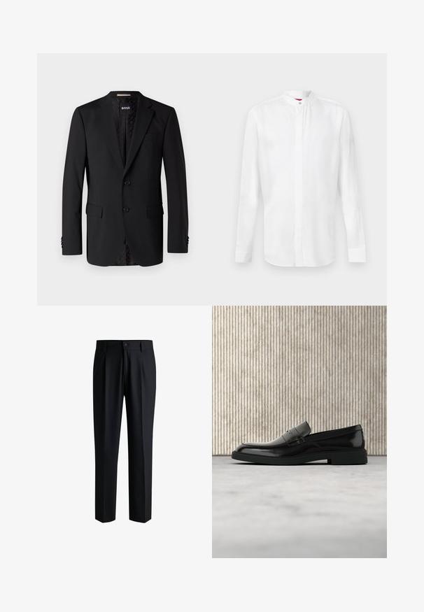 Blazer negro hecho de tela suave, con dos bolsillos frontales, dos botones y un interior con estampado. Diseño clásico y ajustado.; Camisa blanca de manga larga con cuello mao y tapeta con botones ocultos, mostrada sobre un fondo claro y liso.; Pantalones negros de tela suave, con un diseño de pierna recta, pliegues en la parte delantera y cierre de botón con trabillas para cinturón.; Zapato loafer de cuero negro pulido flotando sobre una alfombra beige con muebles translúcidos naranjas de fondo.