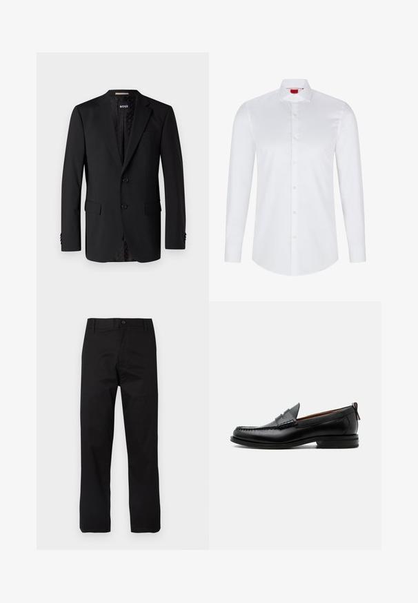 Blazer negro hecho de tela suave, con dos bolsillos frontales, dos botones y un interior con estampado. Diseño clásico y ajustado.; Camisa blanca de manga larga con botones, hecha de algodón suave. Presenta un cuello clásico, una botonera completa y un dobladillo redondeado.; Pantalones negros de algodón, de corte recto, cierre de botones y trabillas para cinturón con detalles de costura minimalistas.; Mocasín de hombre de piel negra con costura moc toe, tira penny, cuello texturizado y tacón bajo apilado sobre fondo blanco.