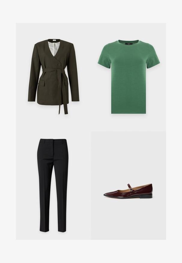 Blazer vert olive avec un col en V, des manches longues, une fermeture à un bouton, des poches latérales et une ceinture en tissu assorti. Doublure en satin rayé.; T-shirt vert à manches courtes avec col rond, texture lisse et ourlet droit, présenté sur un fond blanc uni.; Pantalon noir ajusté slim-fit avec passants de ceinture et plis devant, présenté sur un fond clair uni.; Ballerines en cuir verni bordeaux de type Mary Jane avec un bout pointu, un talon plat et une sangle décorative avec une boucle circulaire.