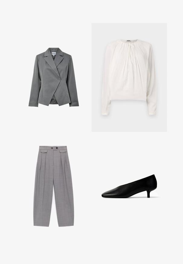 Blazer gris à rayures fines avec un devant croisé, des revers aigus et une fermeture à un bouton. Il possède des manches longues et une coupe cintrée.; Blouse blanche à manches longues avec un col rond et un devant plissé. Tissu doux et lisse avec une coupe décontractée et un détail de bouton au col.; Pantalon gris ample taille haute avec plis, deux boutons noirs sur la ceinture et des détails avec rabats près des hanches.; Escarpin pour femme en cuir noir à talon bas, bout pointu et petit talon aiguille, sur fond blanc.