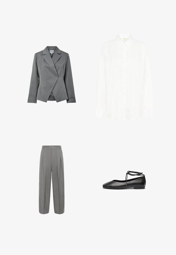 Blazer gris à rayures fines avec un devant croisé, des revers aigus et une fermeture à un bouton. Il possède des manches longues et une coupe cintrée.; Chemise blanche à manches longues avec col classique et coupe régulière. Fabriquée en tissu lisse, avec huit boutons sur le devant.; Pantalons gris à rayures avec une taille haute, une coupe à jambes larges, des plis et une texture douce. Comprend une ceinture avec une fermeture éclair.; Ballerines noires en cuir avec un bout pointu, un talon plat et un détail de lacet autour de la cheville. Texture lisse, design minimaliste.