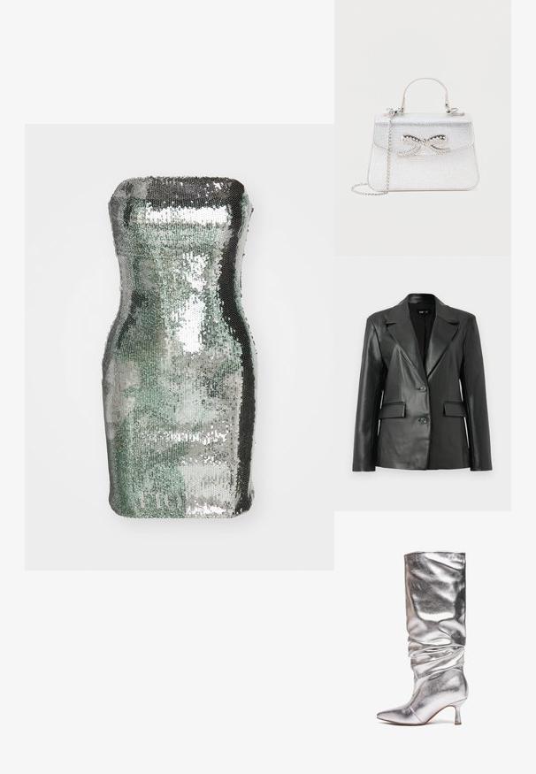 Blazer de cuero negro con un diseño estructurado, solapas con muesca, cierre frontal de dos botones y dos bolsillos frontales; textura lisa.; Bolso cilíndrico cubierto de lentejuelas en tonos plateados y verdes, con una textura suave y superficie reflectante, que presenta una silueta curvada.; Bota plateada brillante hasta la rodilla con punta puntiaguda, caña caída y tacón corto y fino sobre fondo blanco.; Bolso pequeño de plata con asa superior, correa de cadena y lazo decorativo con pedrería en la solapa frontal.