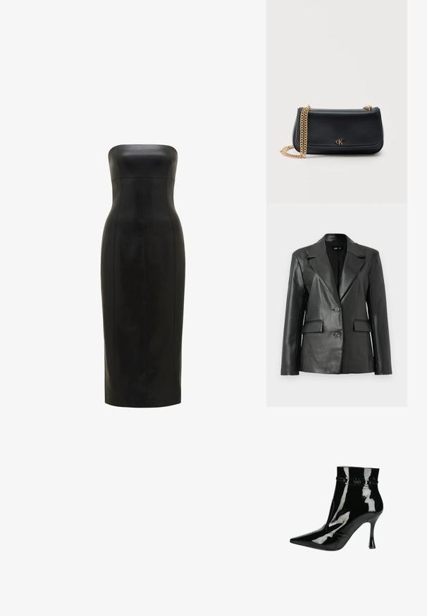 Schwarze Lederblazer mit strukturiertem Design, mit Reverskragen, Zwei-Knopf-Frontverschluss und zwei Vordertaschen; glatte Textur.; Schwarzes, trägerloses Lederkleid mit einer figurbetonten Silhouette, knielang, glatte Textur und vertikale Nähte für Definition.; Schwarze Lackleder-Ankle Boots mit spitzer Zehenpartie, glänzender Oberfläche, eleganten Design und schmalem Stiletto-Absatz. Dekorative Riemenakzente.; Schwarze Lederschultertasche mit goldener Kettenriemen und kleinem goldenen "cK"-Logo mittig auf der vorderen Klappe vor einfarbigem Hintergrund.