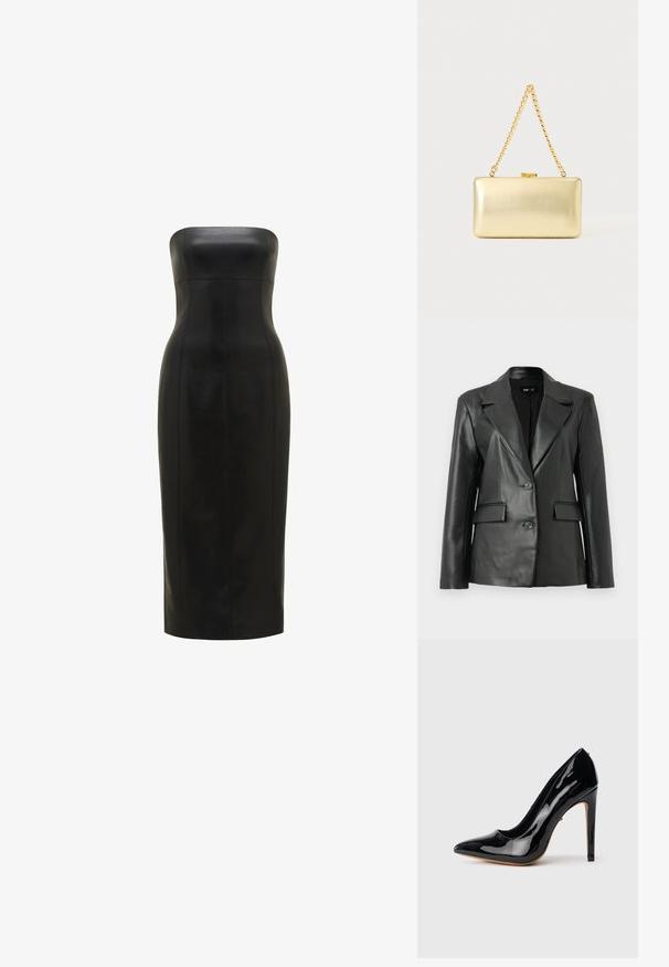 Blazer de cuero negro con un diseño estructurado, solapas con muesca, cierre frontal de dos botones y dos bolsillos frontales; textura lisa.; Vestido de cuero negro, sin tirantes, con una silueta ajustada, de longitud hasta la rodilla, textura suave y costuras verticales para mayor definición.; Zapato de salón de charol negro con tacón alto, punta afilada, silueta elegante y tacón de aguja delgado de 4 pulgadas. Textura lisa y brillante.; Bolso de mano dorado rectangular con acabado brillante, cierre metálico y asa corta de cadena dorada sobre un fondo claro y liso.