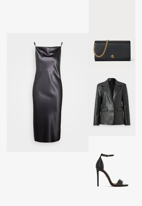 Schwarze Lederblazer mit strukturiertem Design, mit Reverskragen, Zwei-Knopf-Frontverschluss und zwei Vordertaschen; glatte Textur.; Samsøe Samsøe FREDERICKA LONG DRESS - Cocktailkleid/festliches Kleid - ombre dark; Schwarzer Leder-Sandalette mit hohem Absatz, schmalem Knöchelriemen, offenem Zehendesign und elegantem Stiletto-Absatz. Glatte Textur mit minimalen Akzenten.; Schwarze Lederbörse mit einer goldenen Kettenriemen, ausgestattet mit einem goldenen Logo auf der Vorderseite. Minimalistisches Design mit einer glatten Textur und schlanker Form.