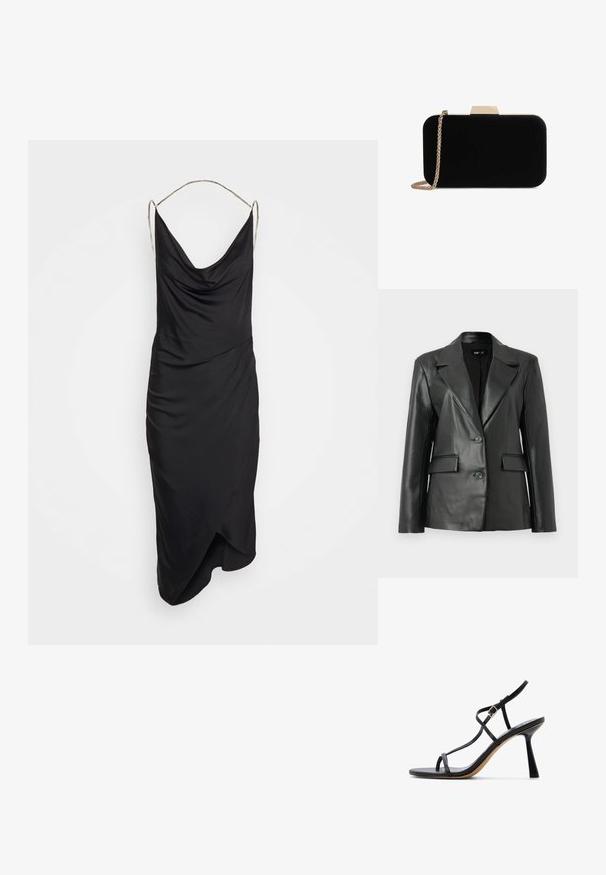 Zwarte leren blazer met een gestructureerd ontwerp, met notch-lapels, een sluiting met twee knopen en twee voorzakken; gladde textuur.; Et Ochs ILA CHAIN COWL NECK MIDI DRESS - Cocktailjurk - black; Zwarte hoge hak sandaal met dunne bandjes, een gesp sluiting en een uitgeholde hak op een witte achtergrond.; Zwarte fluwelen clutch met gouden hardware, rechthoekige vorm en kettingband, met een zachte textuur en zonder zichtbare patronen.
