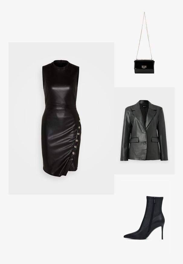 Schwarze Lederblazer mit strukturiertem Design, mit Reverskragen, Zwei-Knopf-Frontverschluss und zwei Vordertaschen; glatte Textur.; Schwarzes, ärmelloses Lederkleid mit hohem Kragen, taillierter Silhouette, asymmetrischem Saum und dekorativen Knöpfen entlang der Seitennaht.; Schwarzer Knöchelstiefel aus glattem, synthetischem Material, mit spitzer Zehenpartie und hohem Stöckelabsatz, versehen mit einem seitlichen Reißverschluss zum Verschließen.; Schwarz glänzende Handtasche aus Lackleder mit einem goldenen Kettenriemen, rechteckige Form, mit einem Verschluss mit Klappe und einem metallischen Logo-Akzent.