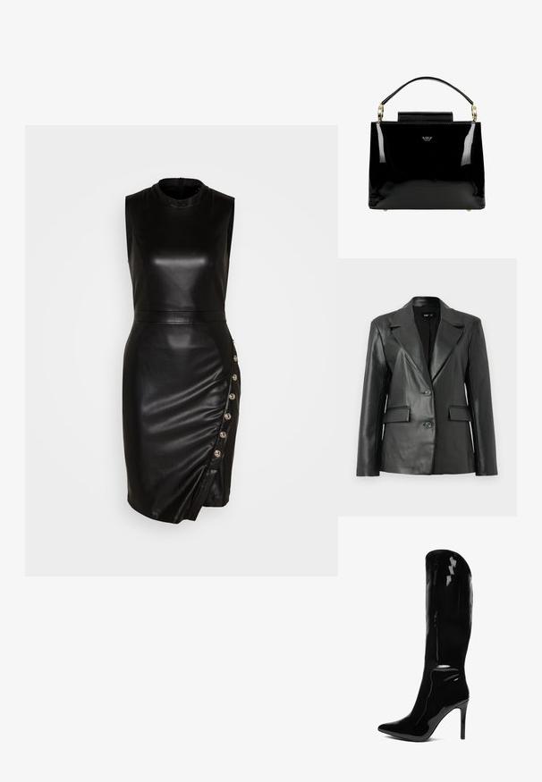 Schwarze Lederblazer mit strukturiertem Design, mit Reverskragen, Zwei-Knopf-Frontverschluss und zwei Vordertaschen; glatte Textur.; Schwarzes, ärmelloses Lederkleid mit hohem Kragen, taillierter Silhouette, asymmetrischem Saum und dekorativen Knöpfen entlang der Seitennaht.; Knöchelhöhe, patentiertes schwarzes Stiletto-Boot mit spitzem Zehenbereich. Die glatte Textur und das hohe Design schaffen eine schlanke, figurbetonte Silhouette.; Schwarze Handtasche aus Lackleder mit strukturiertem Design, ausgestattet mit einem oberen Griff, goldenen Hardware-Akzenten und einer kleinen Frontklappe.