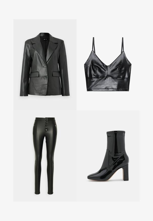 Blazer de cuero negro con un diseño estructurado, solapas con muesca, cierre frontal de dos botones y dos bolsillos frontales; textura lisa.; Bralette negro y brillante con tirantes delgados ajustables, que presenta un escote en V, textura suave y sutil fruncido en el busto para darle forma.; ONLY Tall ONLSIGGA - Jeggings - black; Call it Spring Botines - black