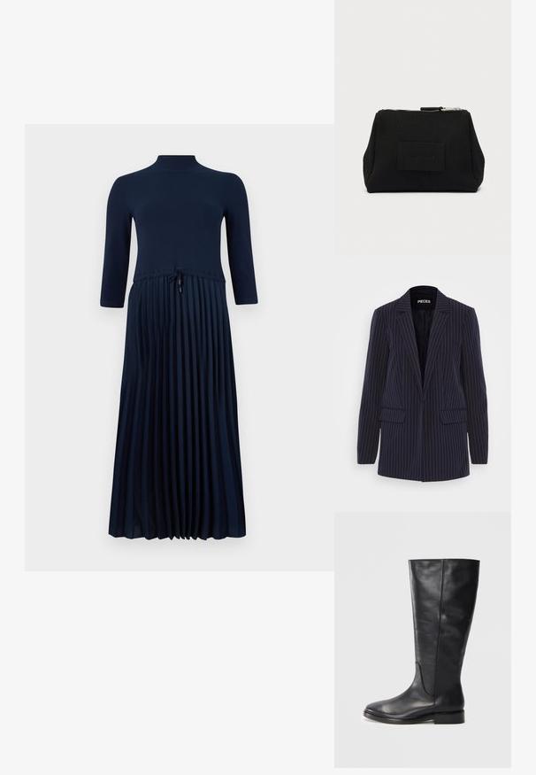 Blazer a rayas azul marino con solapas de muesca, mangas largas, bolsillos de solapa y un corte entallado.; Vestido plisado azul marino con una parte superior de canalé ajustada, mangas tres cuartos y cintura con cordón ajustable. Tejido suave con una textura lisa.; Bota de cuero negra hasta la rodilla con un tacón bajo y punta redondeada, mostrando detalles de costura a lo largo del eje y el empeine.; Estuche rectangular texturizado negro con cierre de cremallera y un pequeño parche de tela con el logo centrado en el frente.