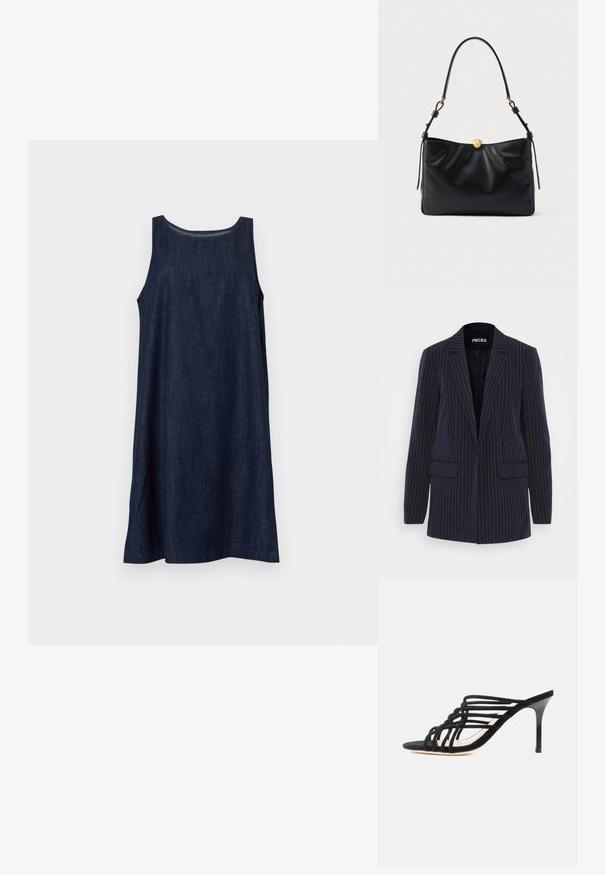 Blazer a rayas azul marino con solapas de muesca, mangas largas, bolsillos de solapa y un corte entallado.; Vestido vaquero sin mangas de color azul oscuro con escote redondo y silueta en línea A colgado sobre un fondo claro y liso.; Sandalia mule negra de tacón alto con finas tiras entrecruzadas y un tacón stiletto delgado sobre fondo blanco.; Bolso de cuero negro con un diseño suave y fruncido. Cuenta con un cierre de herrajes dorados redondeados y una correa de hombro delgada y única.