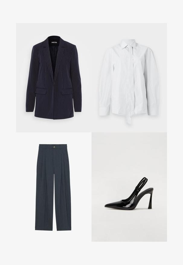 Marineblå blazer med smalle striber, med spaltestik, lange ærmer, klaplommer og en skræddersyet pasform.; Hvid, langærmet skjorte med klassisk krave og forlænget frontsløjfe. Fremstillet af glat stof, med en afslappet pasform og uden mønstre.; Vide bukser lavet af tekstureret mørkegråt stof, med foran pliserede detaljer, en knaplukning og sidelommer for ekstra funktionalitet.; Sorte patenterede lædersædler med spidse tæer, slank høj hæl og dobbelt elastisk rem for sikker pasform. Glat, skinnende overflade.