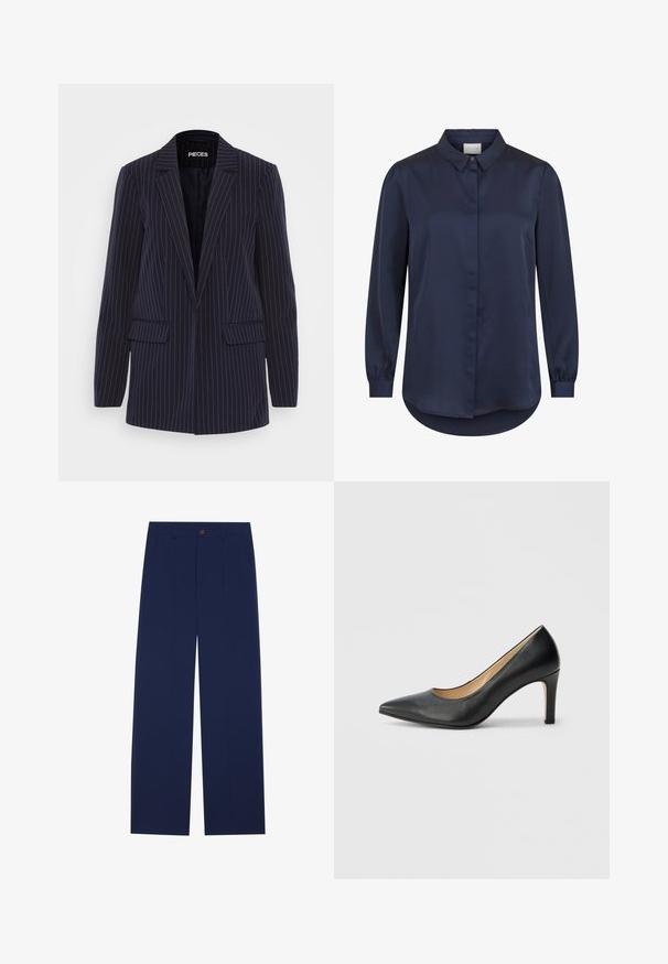 Marineblauw pinstripe blazer met geknipte revers, lange mouwen, klepzakken en een getailleerde pasvorm.; Marineblauwe blouse met lange mouwen, knoopmanchetten, verborgen knopen aan de voorkant en een klassieke kraag.; Marineblauwe wijde broek gemaakt van gladde stof, met voorzakken, een knoopsluiting en een tailormade ontwerp met plooien.; Zwarte leren hoge hak schoen met een puntige neus en een slanke hak, met een gladde textuur en minimalistisch ontwerp.