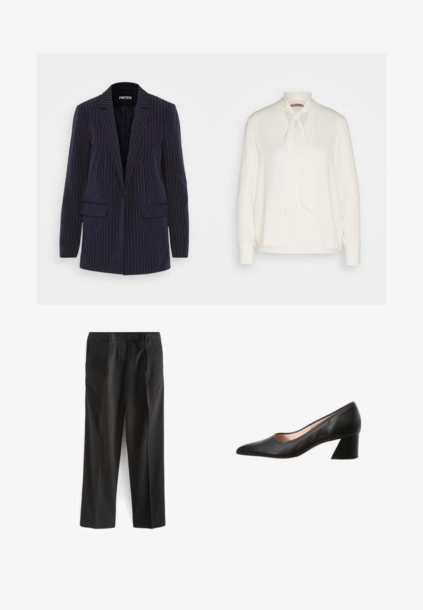 Marineblauw pinstripe blazer met geknipte revers, lange mouwen, klepzakken en een getailleerde pasvorm.; Witte blouse met lange mouwen en een striknekontwerp, met een soepele textuur en een relaxte pasvorm. Eenvoudig en elegant, zonder extra patronen.; Zwarte rechte pantalon van gladde stof, met twee zijzakken en een platte tailleband. Minimalistisch ontwerp, zonder zichtbare patronen.; Zwarte leren damespomp met puntige neus en lage blokhak, beige binnenvoering, zijaanzicht op witte achtergrond.