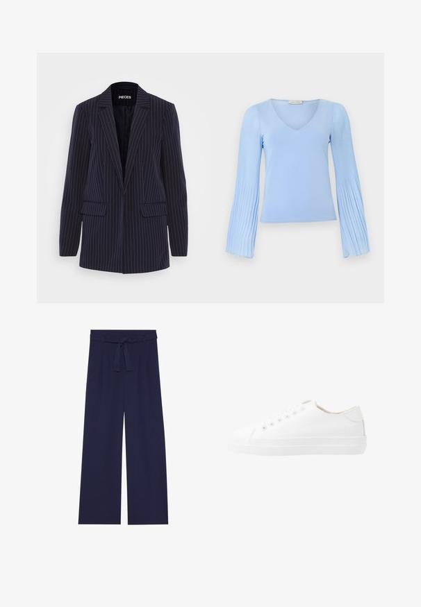 Marineblauw pinstripe blazer met geknipte revers, lange mouwen, klepzakken en een getailleerde pasvorm.; Lichtblauw topje met lange mouwen, V-hals en geplooide, uitlopende mouwen, tentoongesteld tegen een effen achtergrond.; Anna Field Broek - dark blue; Witte canvas sneakers met een laag ontwerp, ronde neus, zes veteropeningen en een gestructureerde rubberen zool. Gladde materialen met minimale accenten.