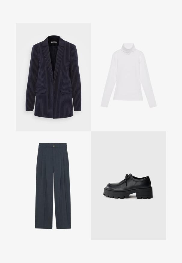 Marineblauw pinstripe blazer met geknipte revers, lange mouwen, klepzakken en een getailleerde pasvorm.; Witte lange mouw turtleneck top gemaakt van glad, elastisch materiaal. Voorzien van een hoge kraag en een getailleerd ontwerp, zonder zichtbare patronen of versieringen.; Wijduitlopende broeken van gestructureerde donkergrijze stof, met voren geplooide details, een knoopsluiting en praktische zijzakken.; Zwarte leren veterschoen met een dikke, gestructureerde zwarte rubberen zool en een afgeronde neus. Voorzien van subtiele stikseldetails.