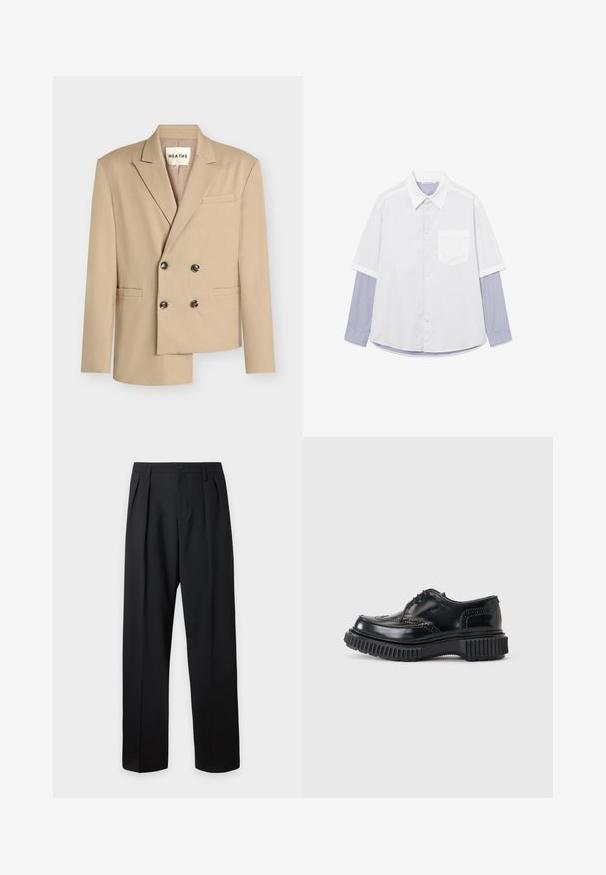 Blazer beige à double boutonnage avec revers crantés, quatre boutons foncés et trois poches passepoilées, coupé de façon asymétrique à l'ourlet inférieur.; Chemise blanche à manches courtes portée sur une chemise à manches longues rayée bleu et blanc avec poignets boutonnés et poche poitrine.; Pantalon noir taille haute, sur-mesure, avec passants pour ceinture, plis sur le devant, fermeture par bouton et jambes droites larges sur fond clair.; Chaussure brogue en cuir noir avec semelle épaisse à rainures et fermeture à lacets sur fond uni gris clair.