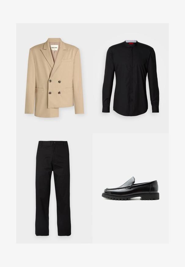Blazer beige à double boutonnage avec revers crantés, quatre boutons foncés et trois poches passepoilées, coupé de façon asymétrique à l'ourlet inférieur.; Chemise noire à manches longues avec col mandarin, confectionnée dans un tissu lisse, dotée d'une patte de boutonnage à l'avant et de détails de design subtils.; Pantalon noir en coton, présentant une coupe droite, une fermeture à boutons et des passants pour ceinture avec un détail de couture minimaliste.; Mocassin en cuir noir avec semelle en caoutchouc épaisse, dessus cousu et nom de marque embossé sur le talon, présenté de profil sur fond blanc.
