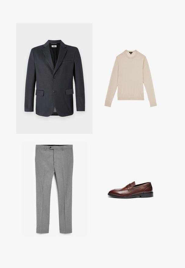 Mørkegrå blazer lavet af tekstureret stof med en nederdel, to forlommer og to knaplukninger. Fôret indre.; Lyse beige langærmet sweater med rund halsudskæring. Fremstillet i blødt stof og med ribbet manchetter og kant. Minimalistisk design uden mønstre.; Next STRETCH SMART TROUSERS REGULAR FIT - Bukser - grey; Brune læder loafers med en glat finish, rund tå, dekorativ rem og sort gummisål. Har minimal syning detaljer.