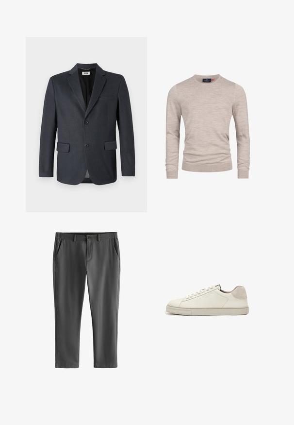 Mørkegrå blazer lavet af tekstureret stof med en nederdel, to forlommer og to knaplukninger. Fôret indre.; Beige strikket sweater med lange ærmer, rund hals, ribbede manchetter og kant, lavet af et blødt og let stof.; Mørkegrå skræddersyede bukser med bæltestropper, forreste knap og lynlås lukning samt skrå sidelommer, vist på en hvid baggrund.; Hvid lavtopet lædersneaker med hvide snørebånd, let struktureret sål og lys grå ruskinds-hælpatch, sideudsigt.